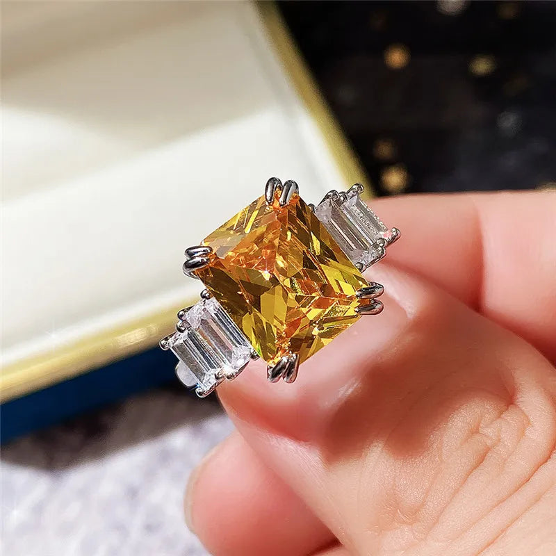 New Elegant Yellow Cubic Zirconia Women Rings Luxury Wedding Anniversary Party Lady's  Accessories Bright Fashion Jewelry
