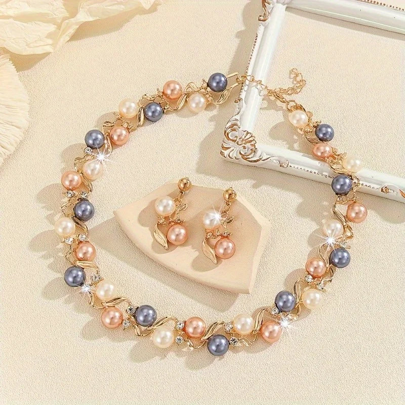 Luxury Elegant Pearl Necklace Rhinestone Metal Colorful Pearl Necklace Leaf Women Jewelry Necklace Earrings Set Gifts