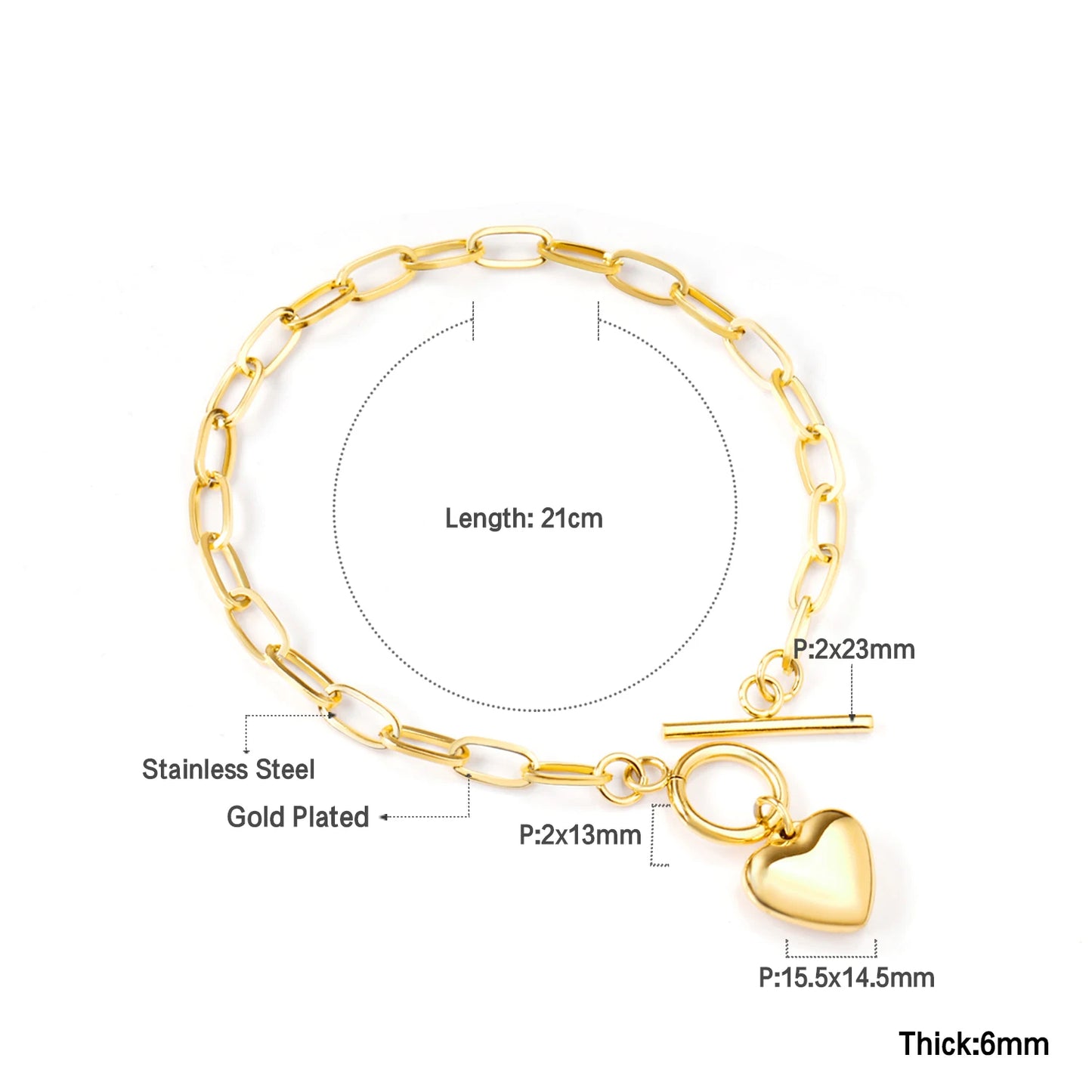 LUXUSTEEL Stainless Steel Heart Coin Charm Bracelet for Women Girl Golden Color Cuban Link Chain Bracelet Jewelry Gift 20cm