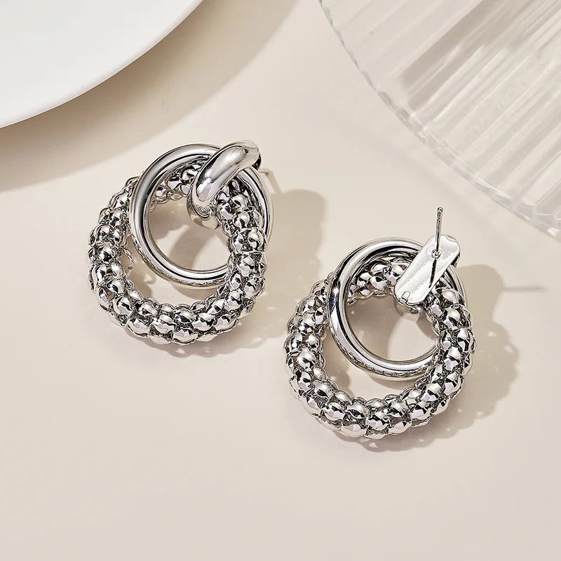 Women Earrings Big Shiny Double Rings Ear Studs Cool Round Metal Eardrop Self-confident Beauty Fashion Jewelry Accessory