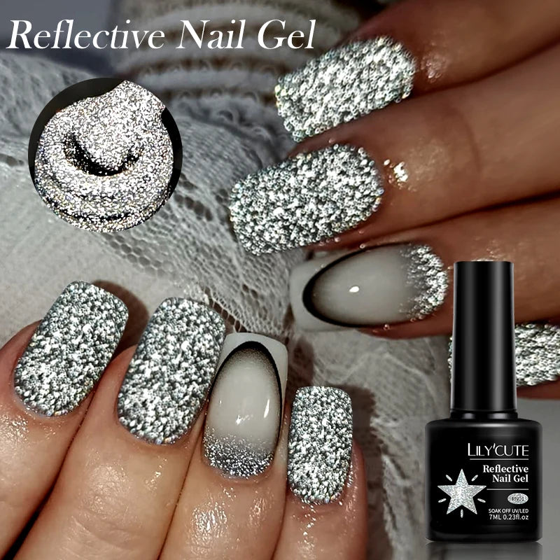 LILYCUTE 7ML Bright Red Sparkling Gel Nail Polish Silver Reflective Gel Colorful Shinning Glitter Manicure Nail Art Gel Varnish