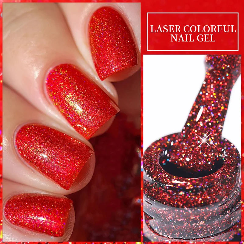 LILYCUTE 7ML Bright Red Sparkling Gel Nail Polish Silver Reflective Gel Colorful Shinning Glitter Manicure Nail Art Gel Varnish