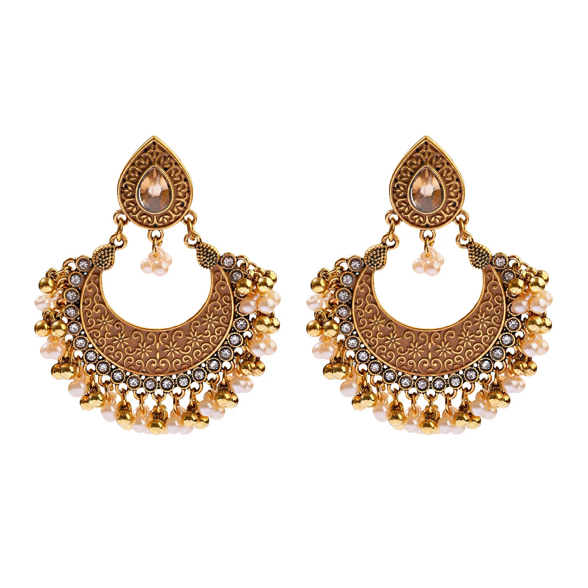 Ethnic Retro Green Sector Carved Turkish Jhumka Earrings For Women Indian Jewelry Pearl Tassel Earrings