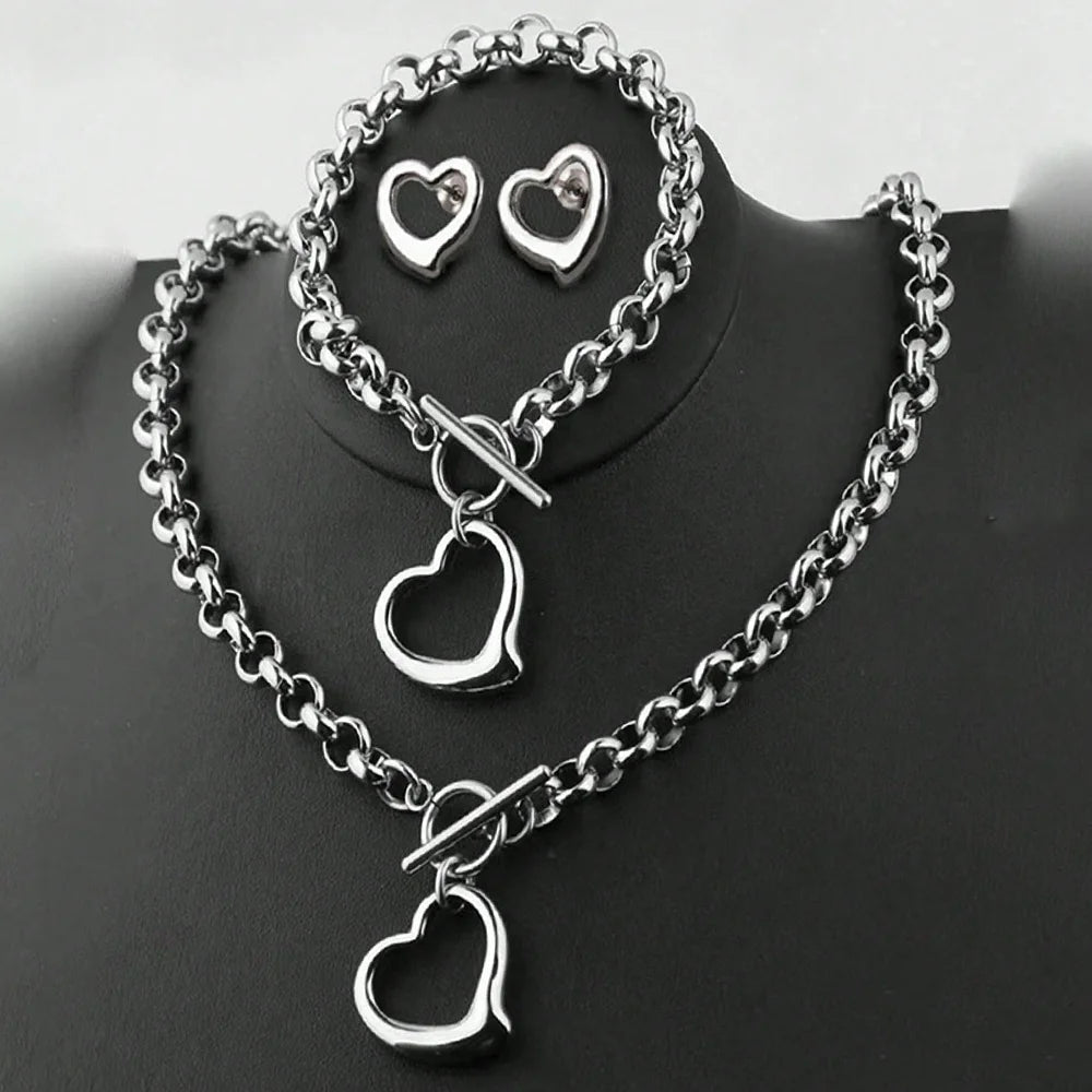 DOTIFI Set INS Exquisite Love Fashion Stainless Steel Bracelet Earrings Necklace Pendant Set Women's Daily Goods Party Favors