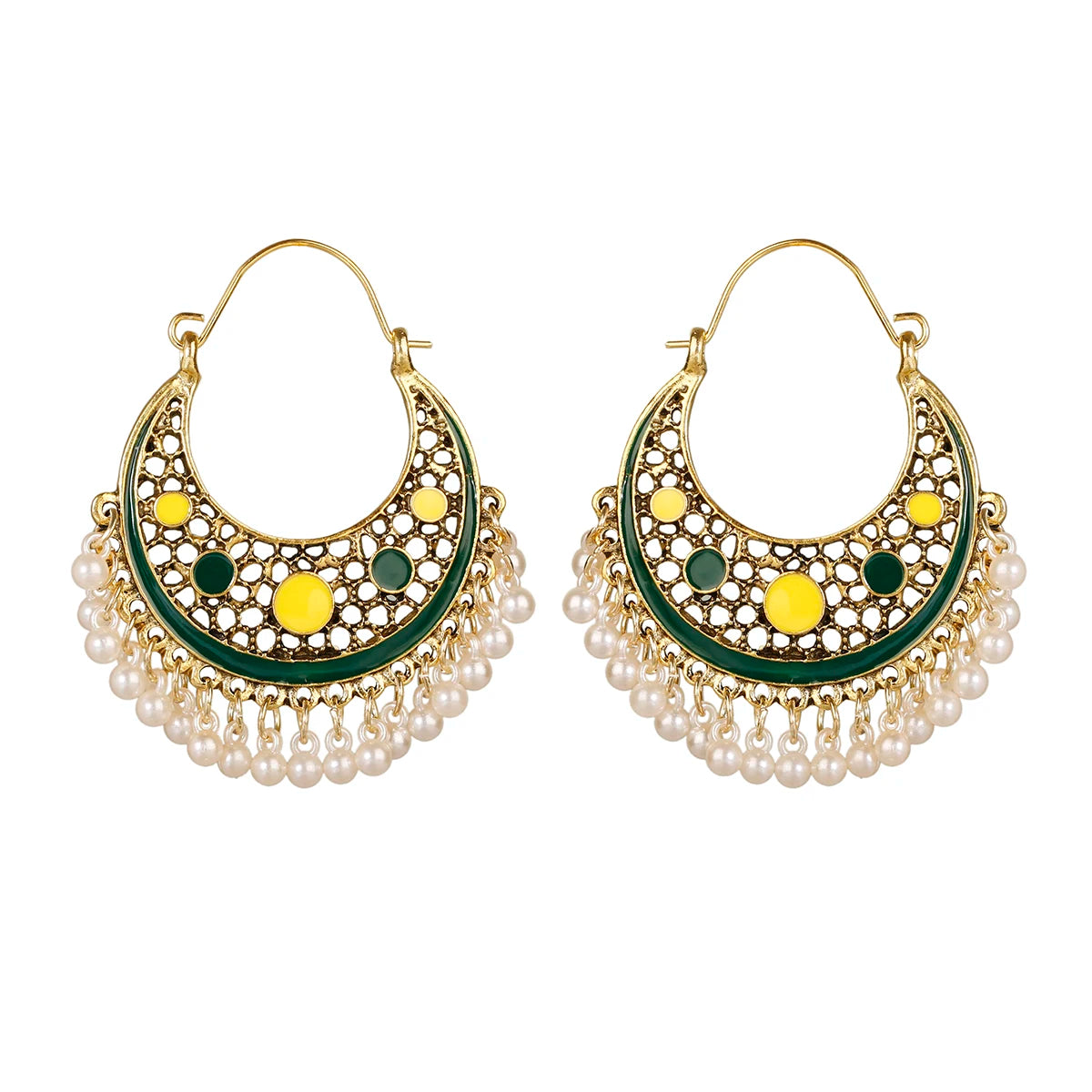 Ethnic Retro Green Sector Carved Turkish Jhumka Earrings For Women Indian Jewelry Pearl Tassel Earrings