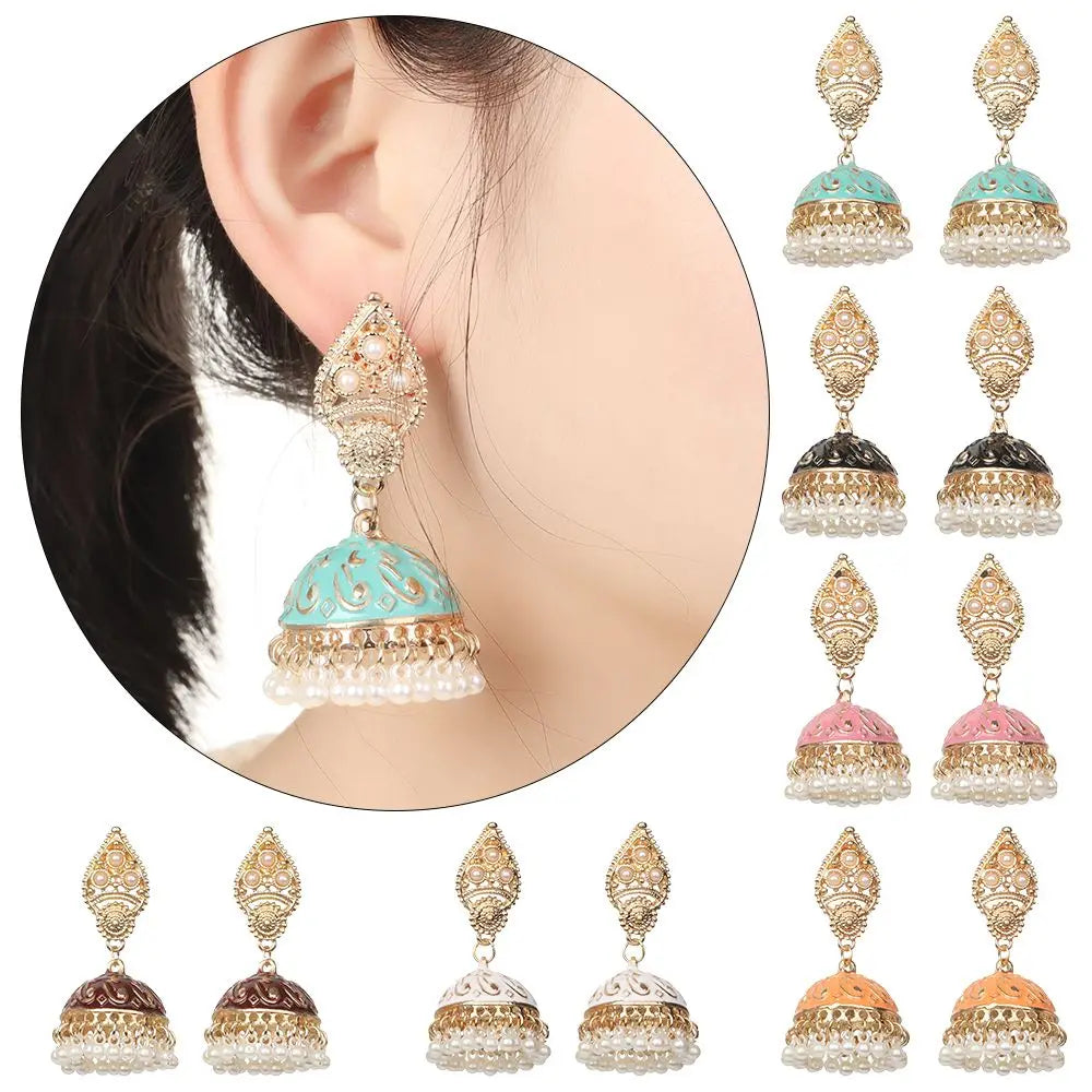 Bohemia Oorbellen Hangers Vintage Gypsy Jhumka Indian Style Earrings Flower Pearl Beads Bell Shape