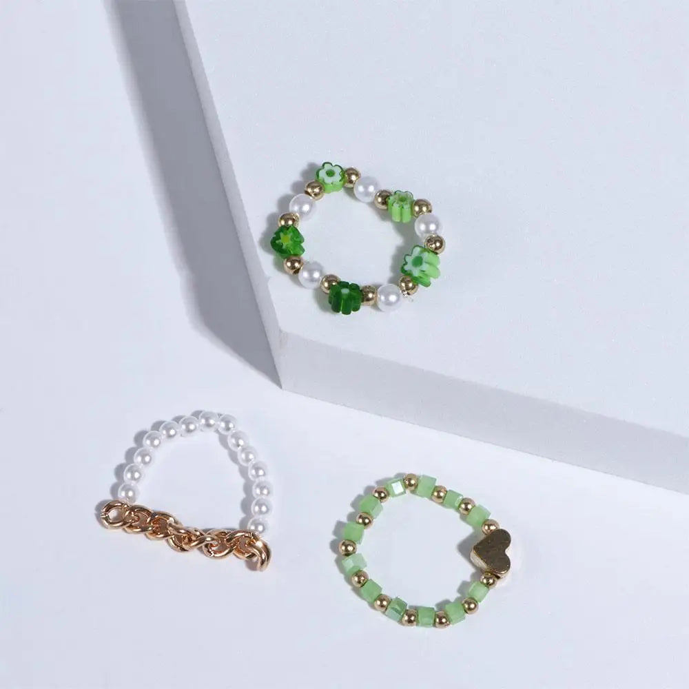 Trendy Cute Bohemia Pearl Flower Acrylic Beaded Rings Party Jewelry Finger Ring Set Women Ring