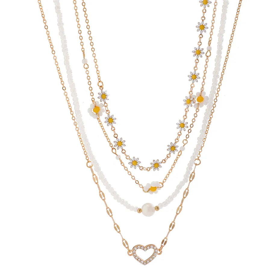 4Pcs Vintage Sunflower Flower Clavicle Chain Necklace for Women Kpop Rhinestone Love Heart Pendant Choker Aesthetic Y2K Jewelry