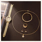 Golden Watch Women Ring Necklace Earrings Rhinestone Fashion Wristwatch Female Casual Ladies Watches Bracelet Set Clock