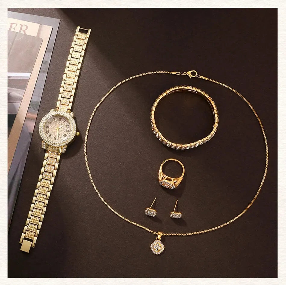 Golden Watch Women Ring Necklace Earrings Rhinestone Fashion Wristwatch Female Casual Ladies Watches Bracelet Set Clock