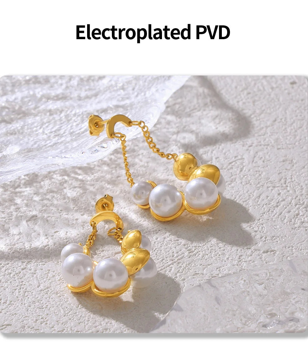 Gorgeous Round Earrings For Women Stainless Steel Vintage Pearl Pendant Gold Plated Waterproof Ear Stud Charm Jewelry Gift