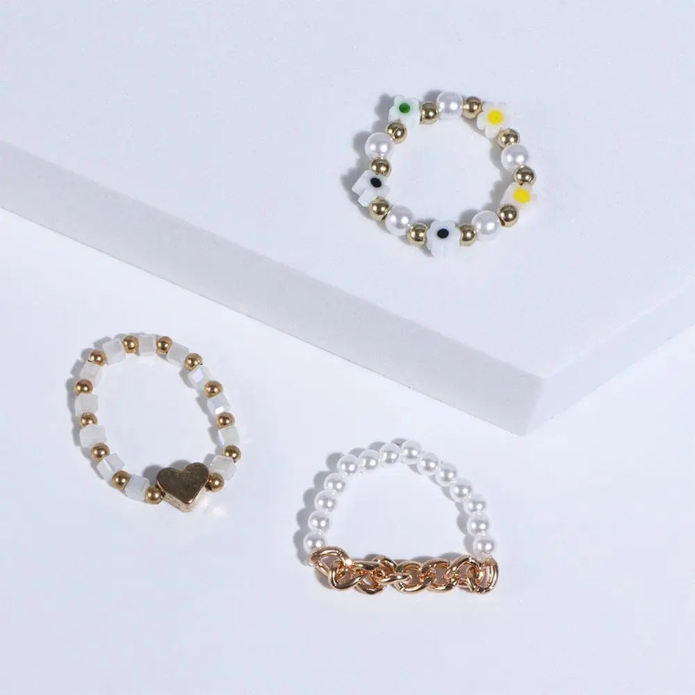 Trendy Cute Bohemia Pearl Flower Acrylic Beaded Rings Party Jewelry Finger Ring Set Women Ring