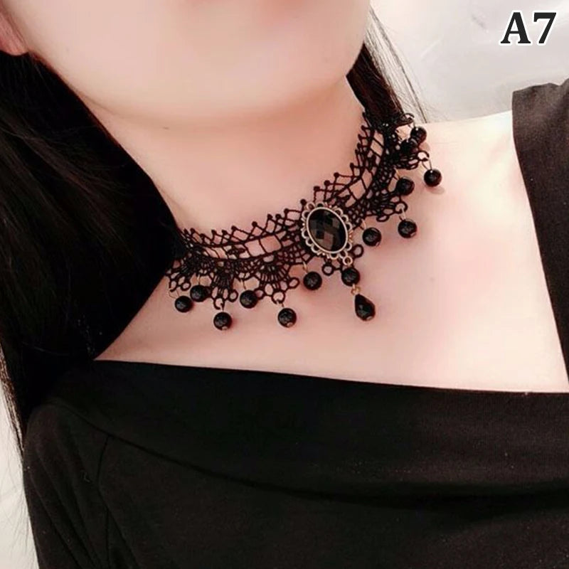 New Sexy Gothic Chokers Crystal Black Lace Neck Choker Necklace Vintage Victorian Women Chocker Steampunk Jewelry