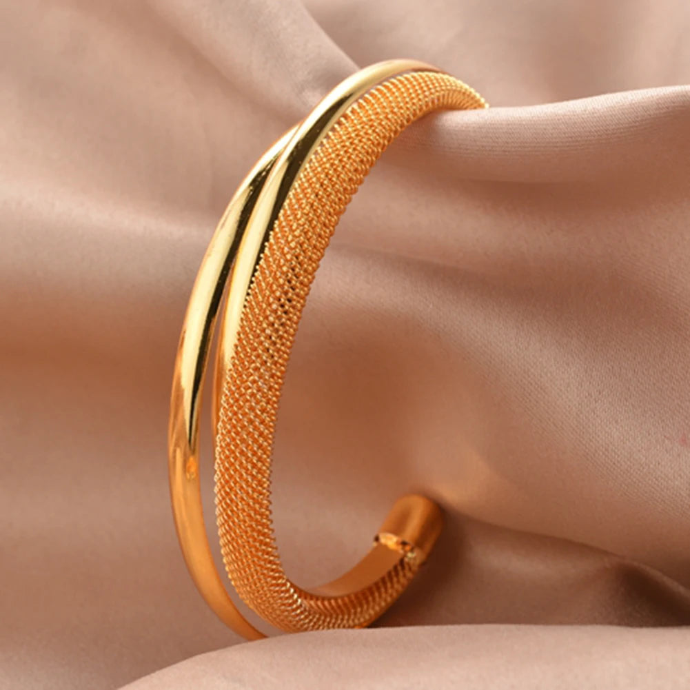 African Gold Color Shiny Bangles for Women Girls Dubai Circle Bracelet Jewelry Ethiopian Bride Wedding