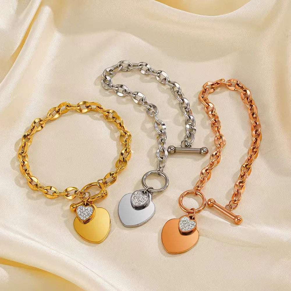 EILIECK New Fashion Stainless Steel Metal Double Heart Necklace Bracelet For Women Fashion Waterproof 3-Color Jewelry Set Gift