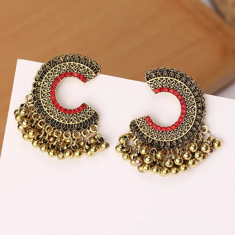 Ethnic Colorful Zircon Indian Jhumka Earrings For Women Pendientes Fashion Jewelry Retro Alloy Tassel Semicircle Ladies Earrings