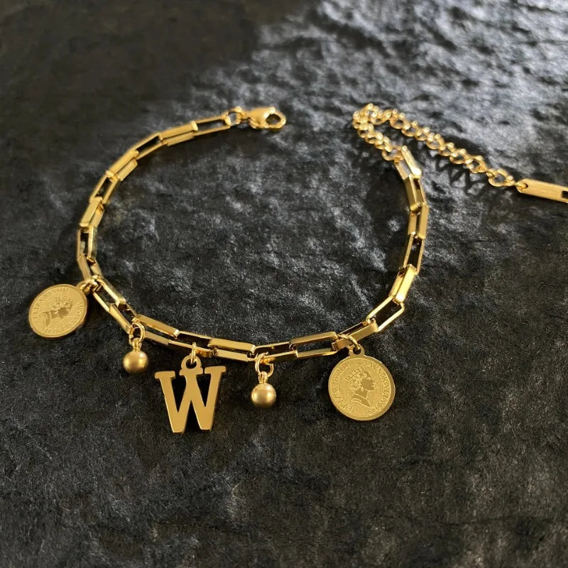 Queen Coin Letter 18K Gold-plated Stainless Steel Bracelet for Women Small Bell Pendant Adjustable Bracelet Classic Jewelry
