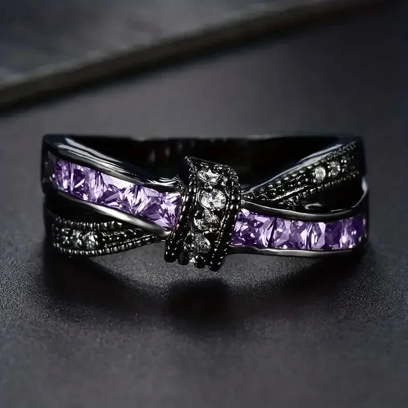 2025 New Purple Cubic Zirconia Ring with Sparkling Square Crystal, High End Women's Personalized Fashion Cocktail Party Jewelry
