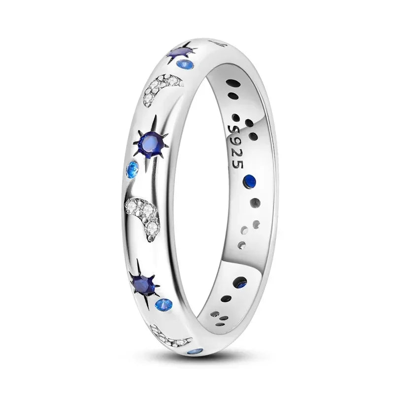 New Celestial Blue Sparkling Moon Sun Star Crystal Ring for Women Fashion Elegant Stackable Finger Band Party Jewelry Gifts