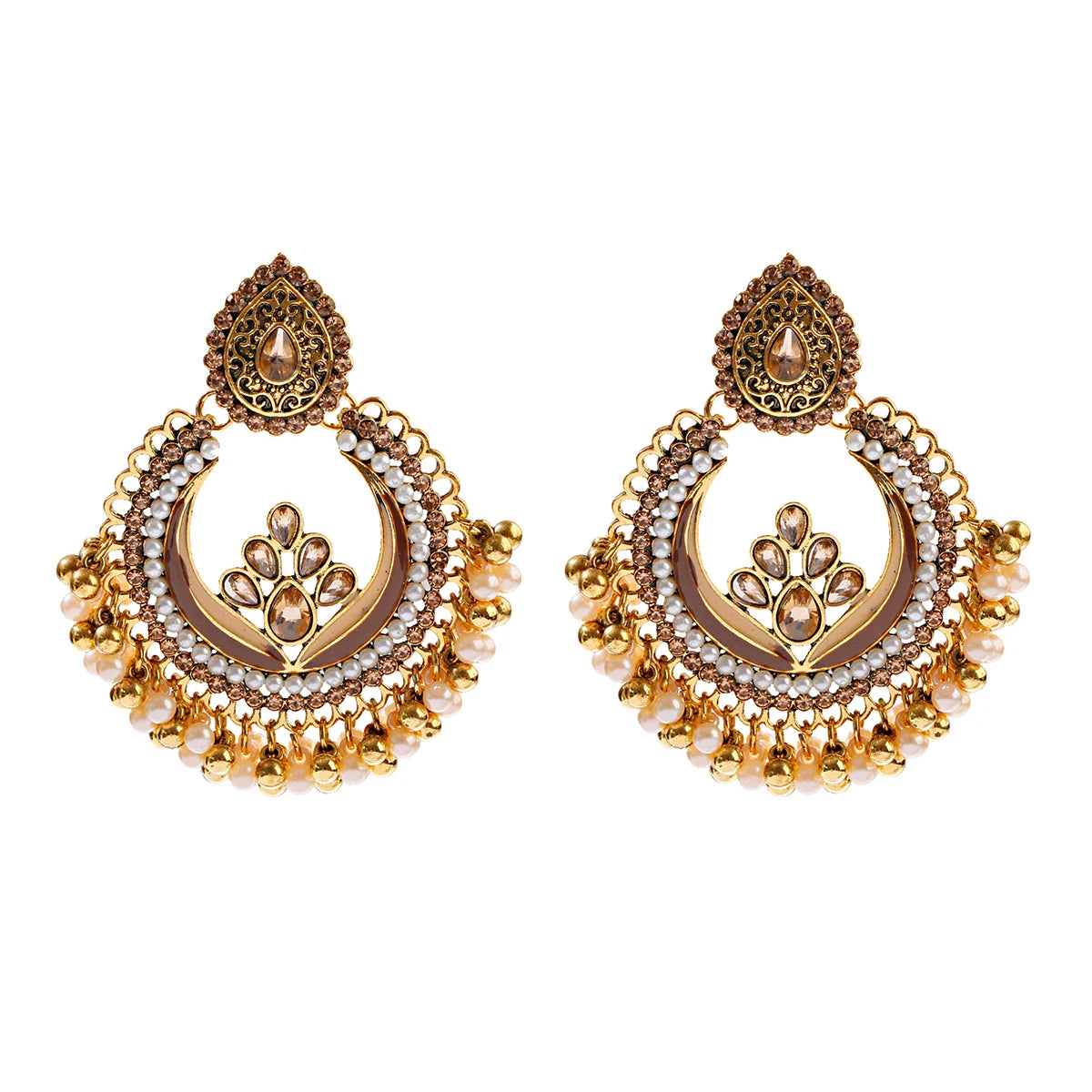 Ethnic Retro Green Sector Carved Turkish Jhumka Earrings For Women Indian Jewelry Pearl Tassel Earrings