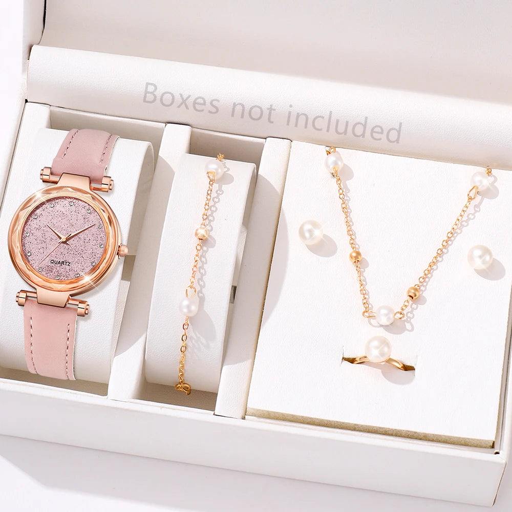 6PCS/Set Red Women's Watch With Minimalist Elements Dial Quartz Watch Latex Strap Cherry Elements Jewelry Set Girl's Gift