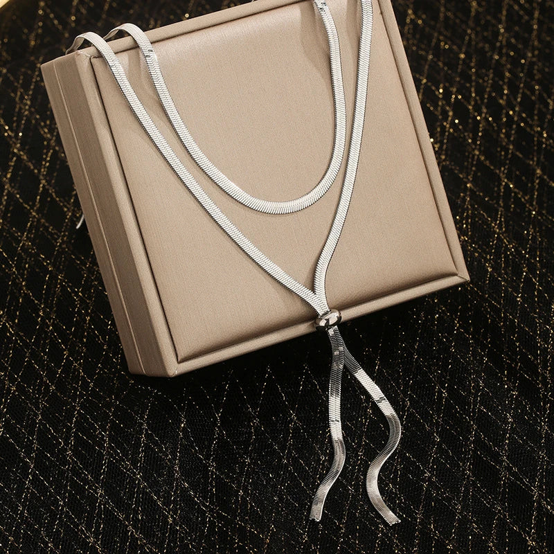 316L Stainless Steel New Fashion Fine Jewelry 134cm Pull Adjusting Charm Flat Snake Chain Choker Necklaces Pendants For Women