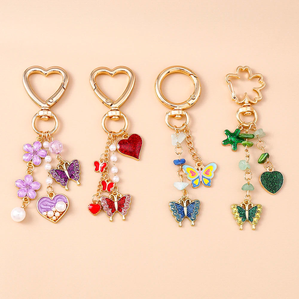 Cute Enamel Flower Butterfly Keychain Women Girls Love Heart Key Ring Pendants Handbag Decor DIY Handmade Jewelry Gifts