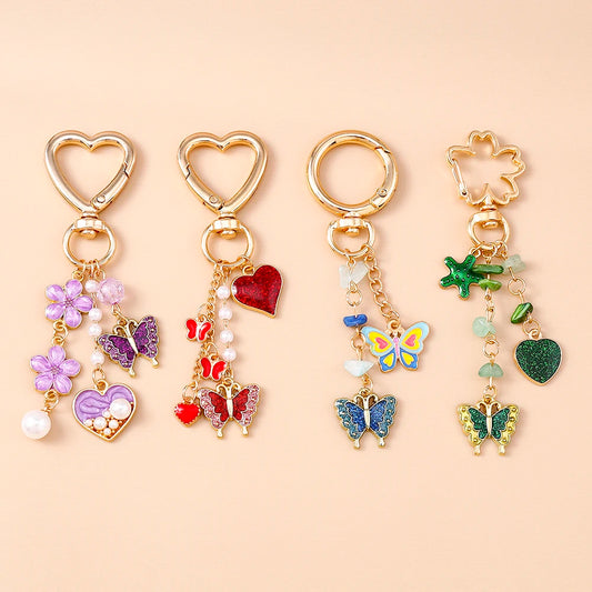 Cute Enamel Flower Butterfly Keychain Women Girls Love Heart Key Ring Pendants Handbag Decor DIY Handmade Jewelry Gifts
