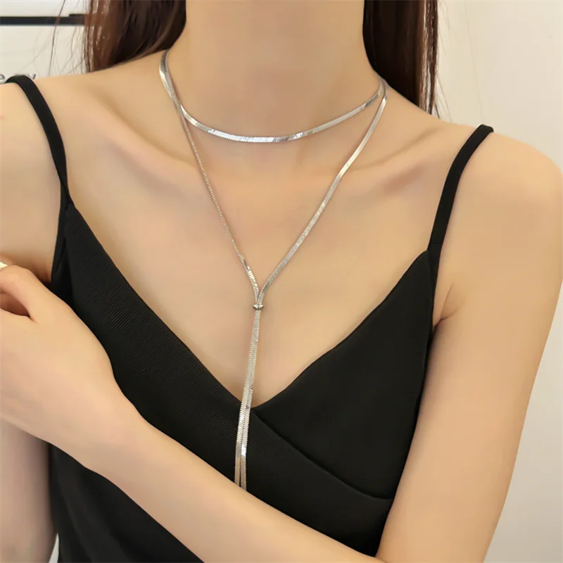 316L Stainless Steel New Fashion Fine Jewelry 134cm Pull Adjusting Charm Flat Snake Chain Choker Necklaces Pendants For Women