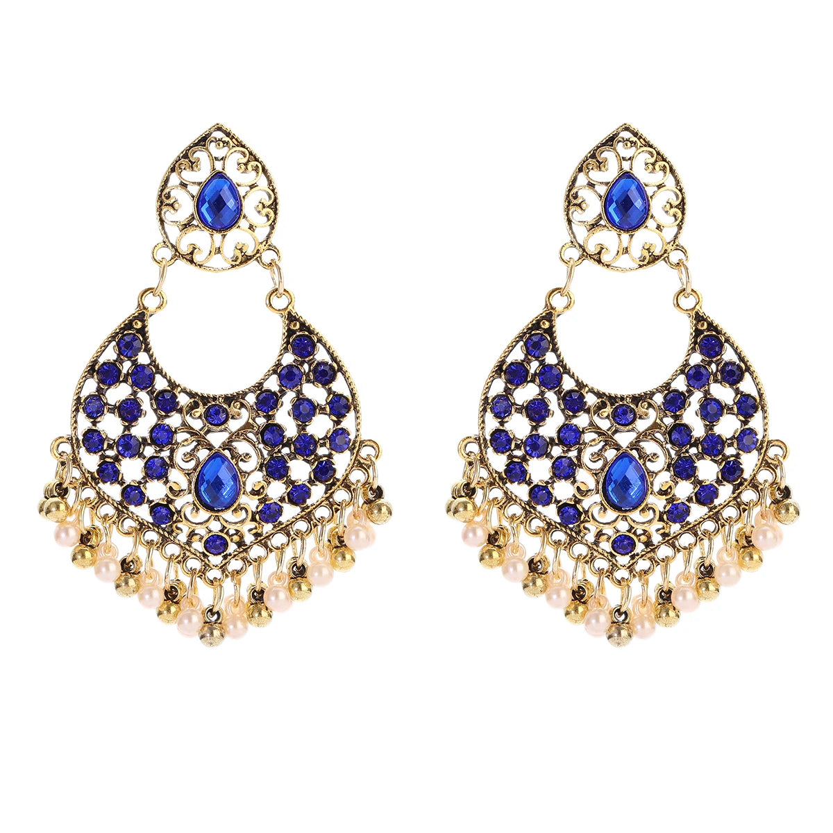 Ethnic Retro Green Sector Carved Turkish Jhumka Earrings For Women Indian Jewelry Pearl Tassel Earrings