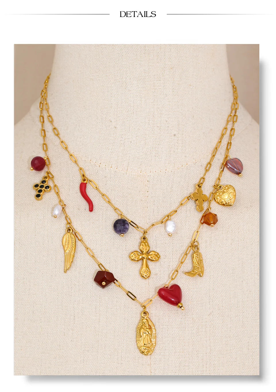 Yhpup Double-Layer Chain Heart Cross Religious Drop Stacking Charm Pendant Necklace 18K Golden Stainless Steel Statement Jewelry