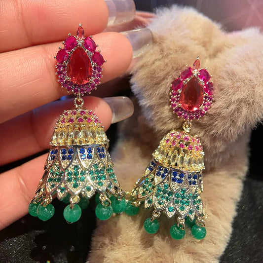 New Indian Jhumka Jhumki National Personality Style Bell Colorful Cubic Zirconia Tassel Earrings Women Jewelry Bohemian Earrings