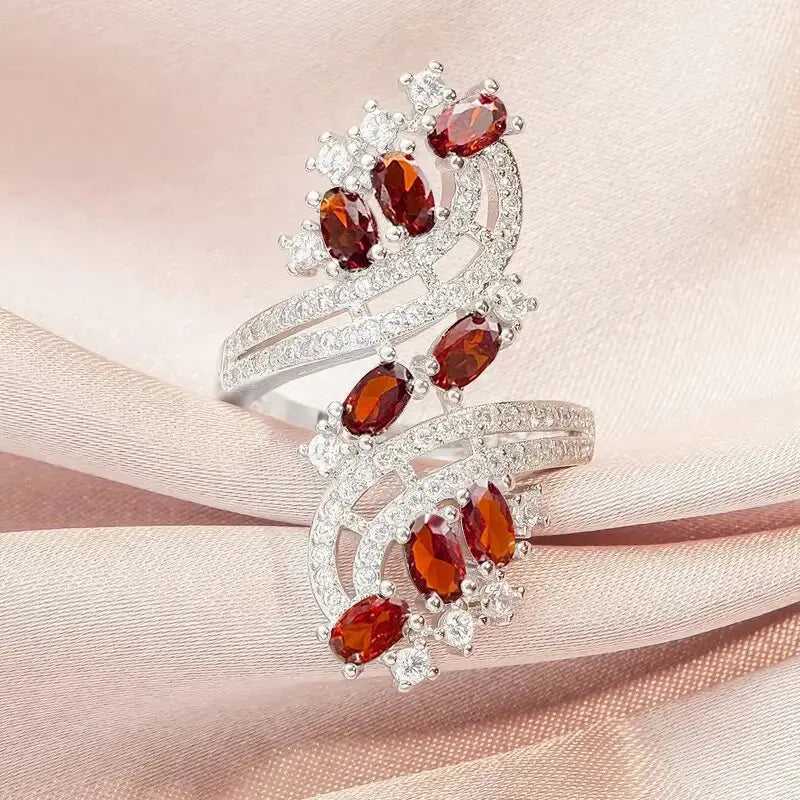 2025 New Elegant Red Corundum Ring with Extra Large Zircon Fashion Party Jewelry Flower Dove Egg Shining First
