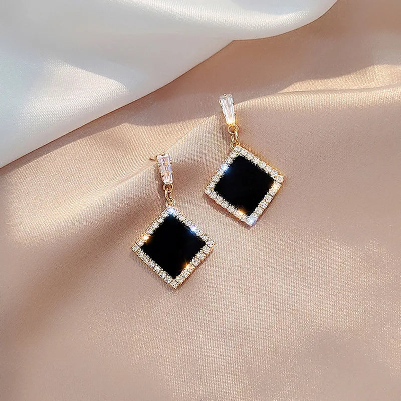LATS Trend Rhinestone Geometric Drop Earrings for Women Korean Fashion Black Color Dangle Earring 2021 Female Elegant Jewelry