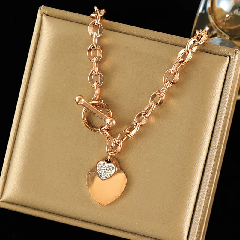 EILIECK New Fashion Stainless Steel Metal Double Heart Necklace Bracelet For Women Fashion Waterproof 3-Color Jewelry Set Gift