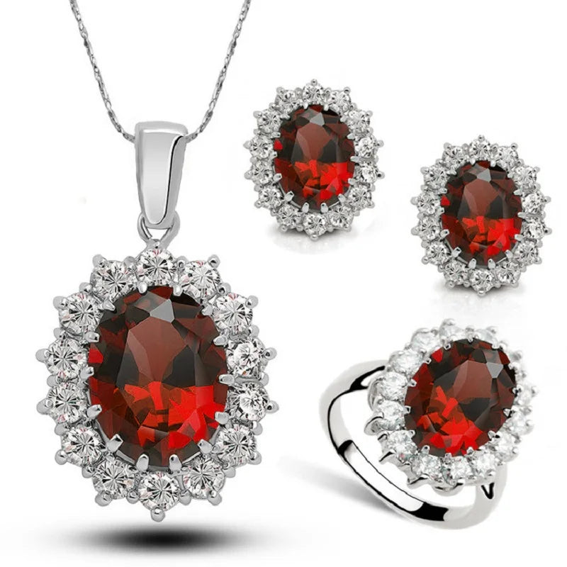Authentic 925 Sterling Silver Plated Women Wedding Engagement Jewelry Sets Princess Oval Zircon Crystal Necklace Earrings Ring