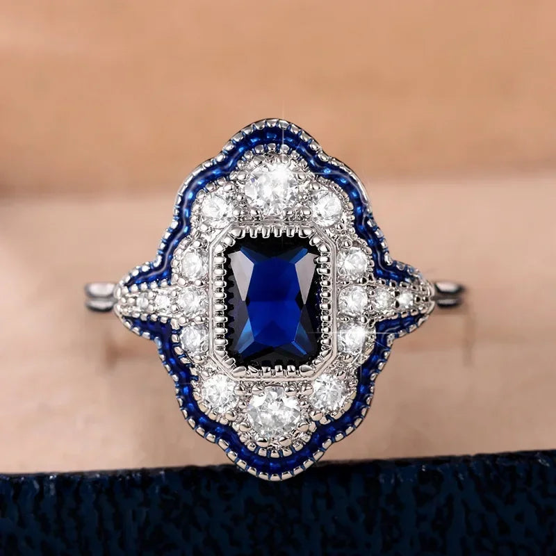 2025 New Blue Cube Zircon Ring Fashionable and Elegant High End Women's Bridal Wedding Luxury Personalized Jewelry Accessories