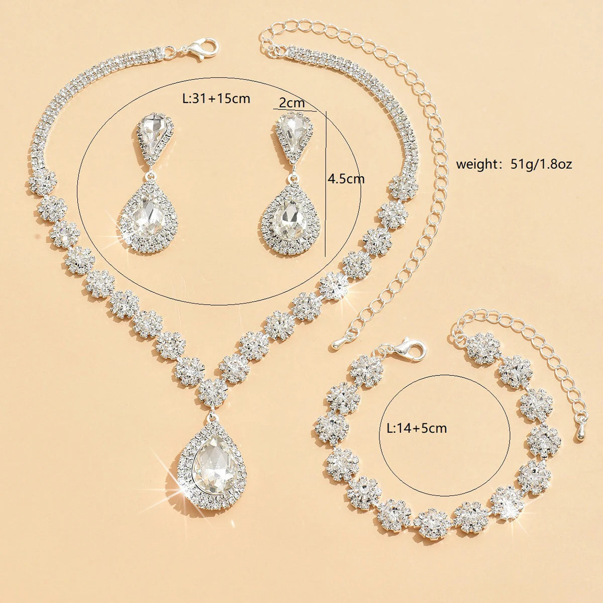 Minimalist Water drops Jewelry Set for Women Crystal Necklace Bracelet Earrings Set Gift Banquet Wedding Anniversary Accessories