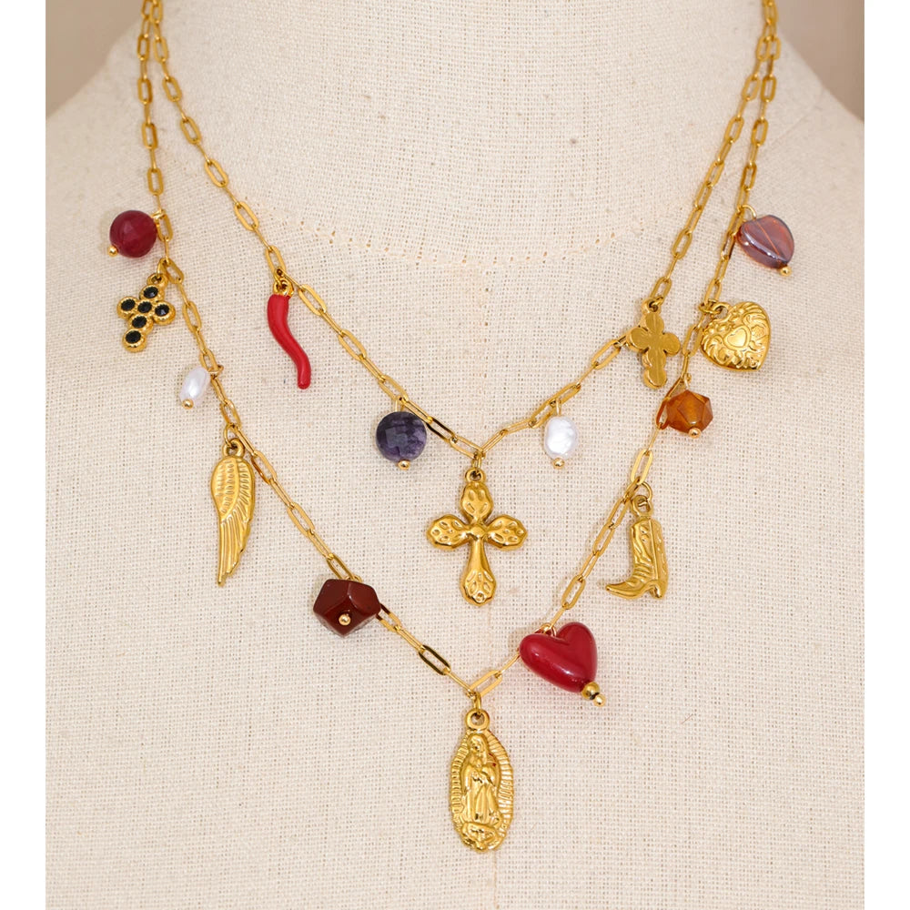 Yhpup Double-Layer Chain Heart Cross Religious Drop Stacking Charm Pendant Necklace 18K Golden Stainless Steel Statement Jewelry