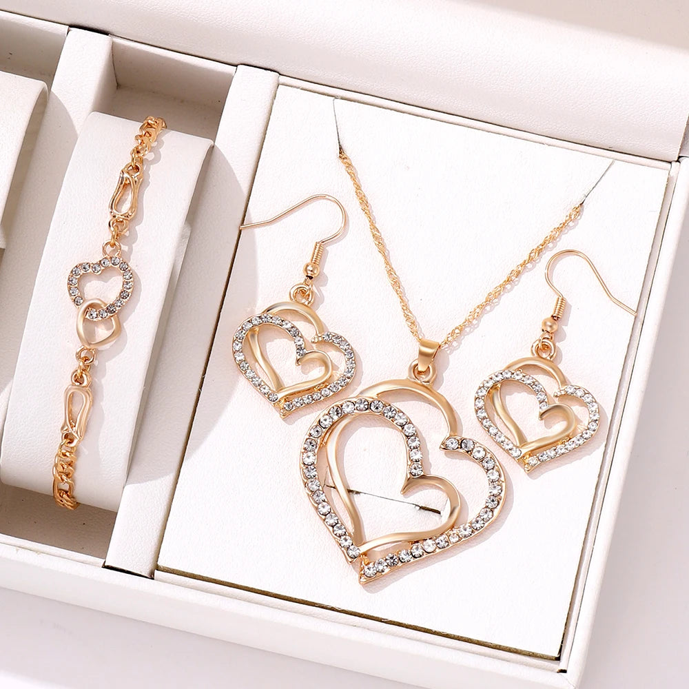 4-piece Women Jewelry Set Creative Double Heart Diamond Necklace Necklace Necklace With High-end Feel Earrings Bracelet Jewelry
