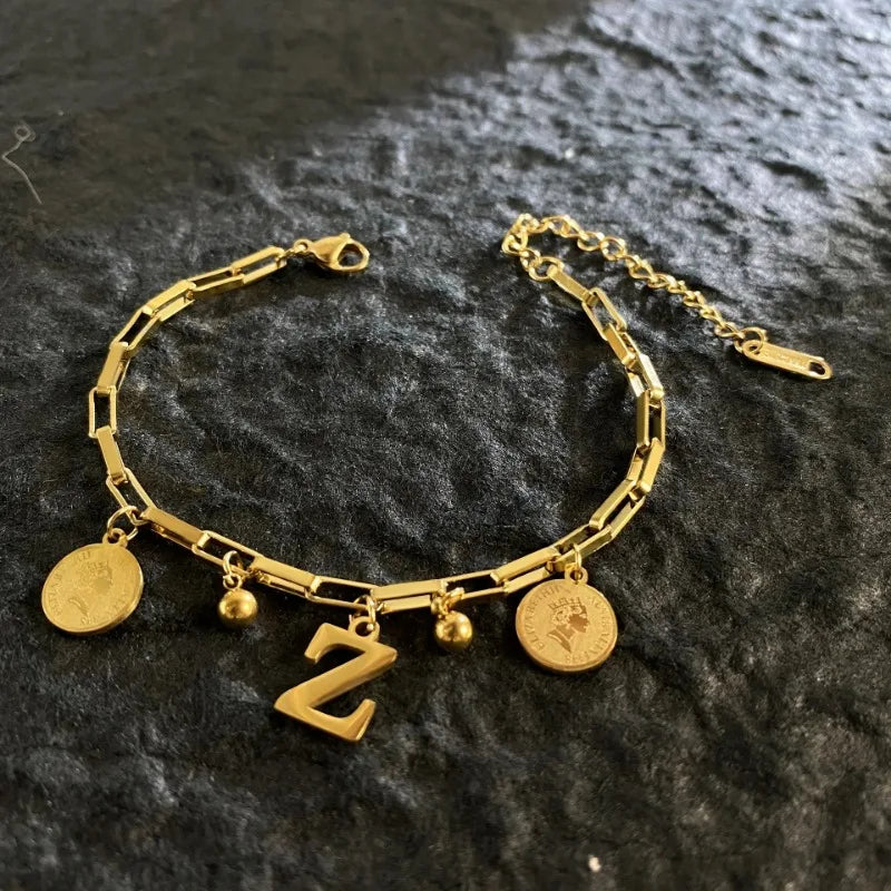 Queen Coin Letter 18K Gold-plated Stainless Steel Bracelet for Women Small Bell Pendant Adjustable Bracelet Classic Jewelry