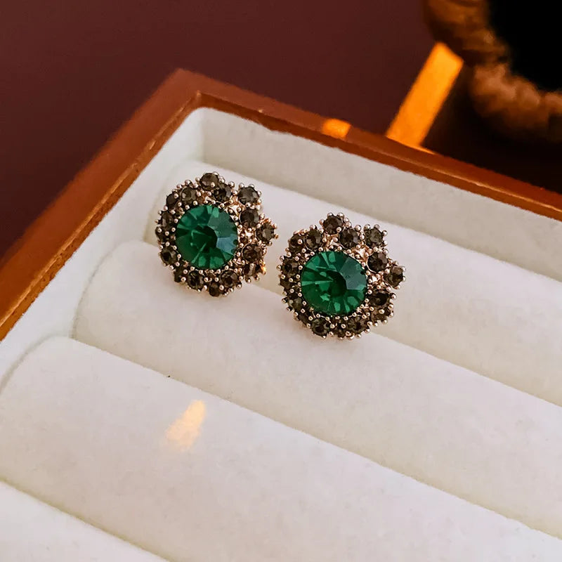 1/4 Pcs French Retro Rhinestones Choker Necklaces for Women Luxury Green Flower Ear Studs Elegant Snape Bracelet Jewelry Sets M