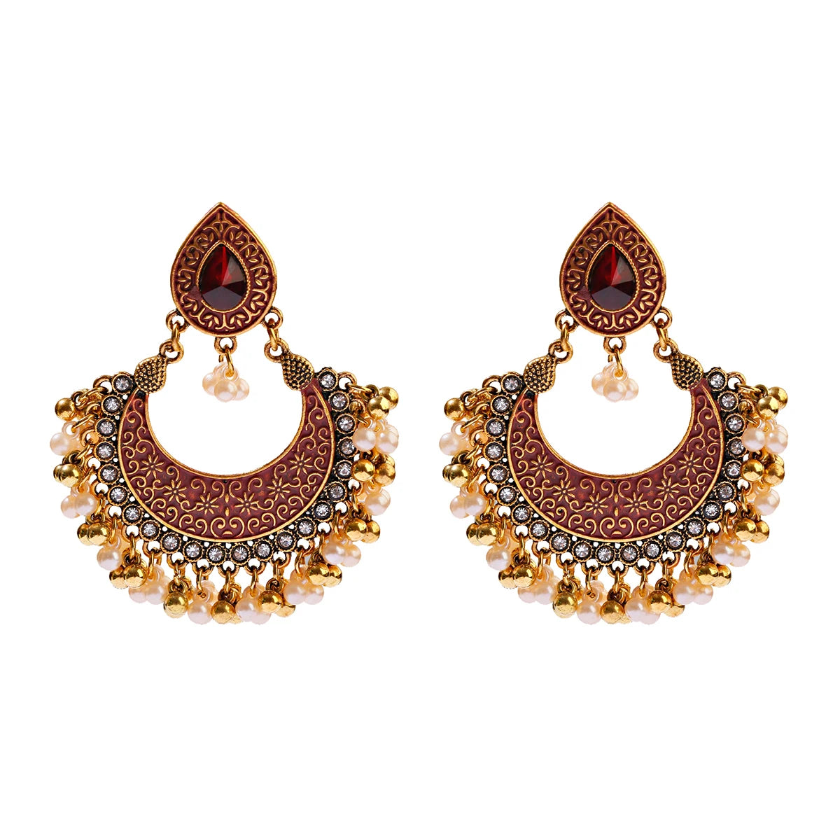 Ethnic Retro Green Sector Carved Turkish Jhumka Earrings For Women Indian Jewelry Pearl Tassel Earrings