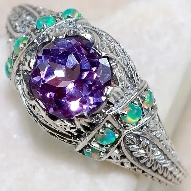 2025 New Purple Cubic Zirconia Ring with Sparkling Square Crystal, High End Women's Personalized Fashion Cocktail Party Jewelry