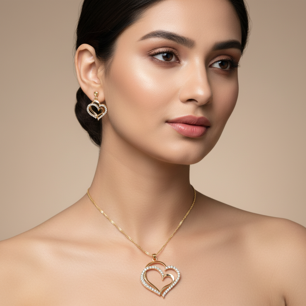 Zenat 3 Pcs Set Heart Shaped Jewelry Set Of Earrings Pendant Necklace