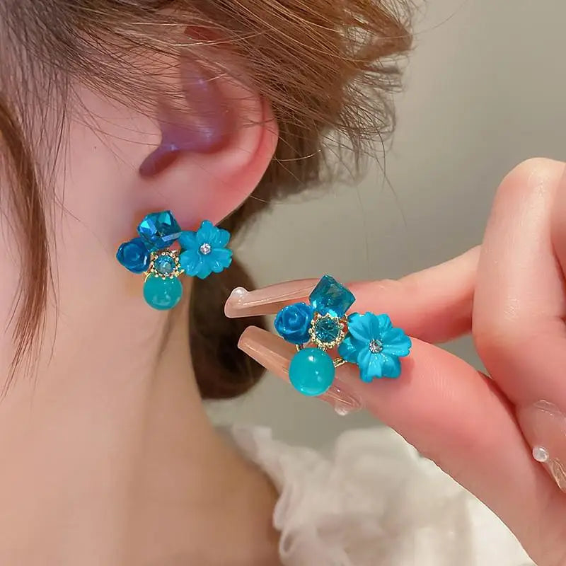 925 Silver Needle Green Flower Earrings For Women Korean Fashion Jewelry 2025 Trending Luxury Zircon Leaf Women's Stud Earrings