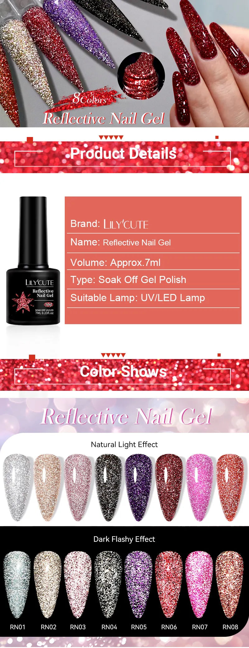 LILYCUTE 7ML Bright Red Sparkling Gel Nail Polish Silver Reflective Gel Colorful Shinning Glitter Manicure Nail Art Gel Varnish