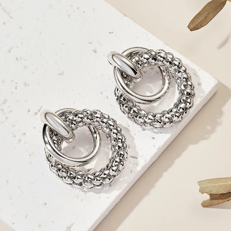 Women Earrings Big Shiny Double Rings Ear Studs Cool Round Metal Eardrop Self-confident Beauty Fashion Jewelry Accessory