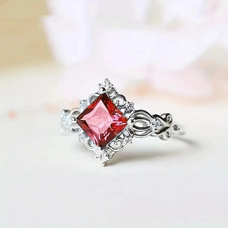 2025 New Elegant Red Corundum Ring with Extra Large Zircon Fashion Party Jewelry Flower Dove Egg Shining First