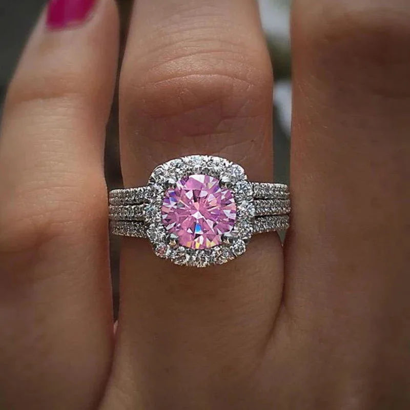 Pink Cubic Zirconia Ring Suitable for Women's Engagement Wedding Luxury Accessories Sparkling Silver Fashion Jewelry